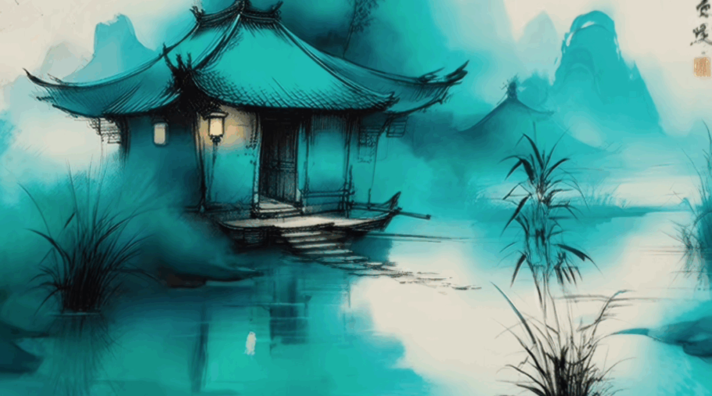 A traditional Asian pagoda house on a calm river with a glowing lantern, a peaceful setting for psychedelic meditation.